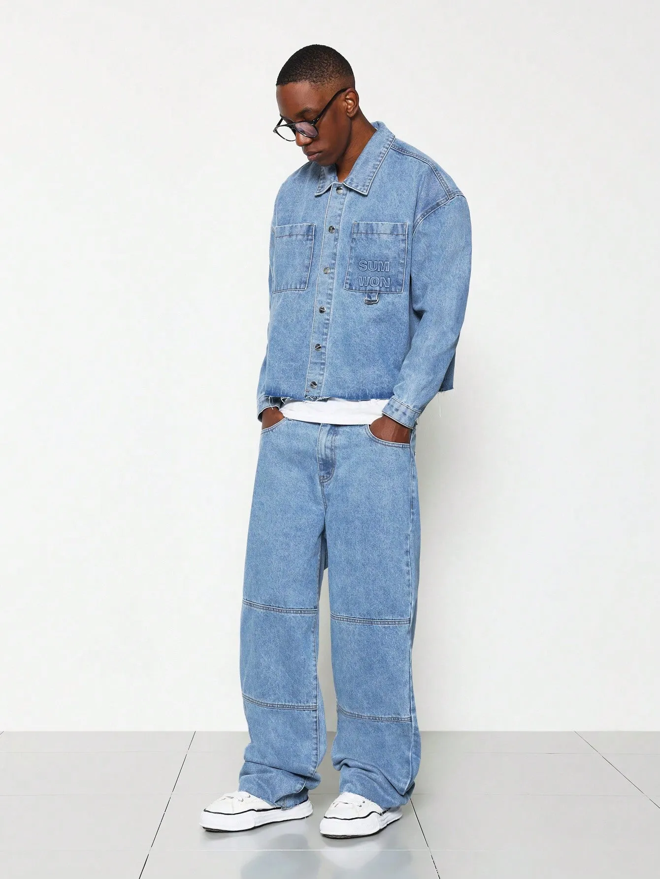 Cropped Washed Long Sleeve Denim Shirt And Straight Fit Pant 2 Piece Set