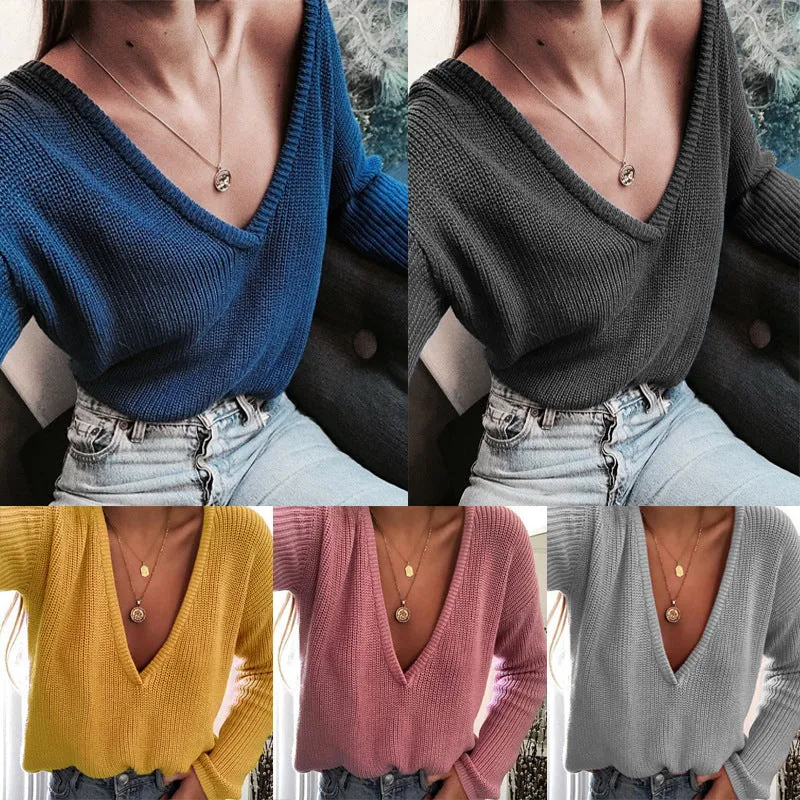 Deep V-neck Candy Color Women Loose Pullover Sweater