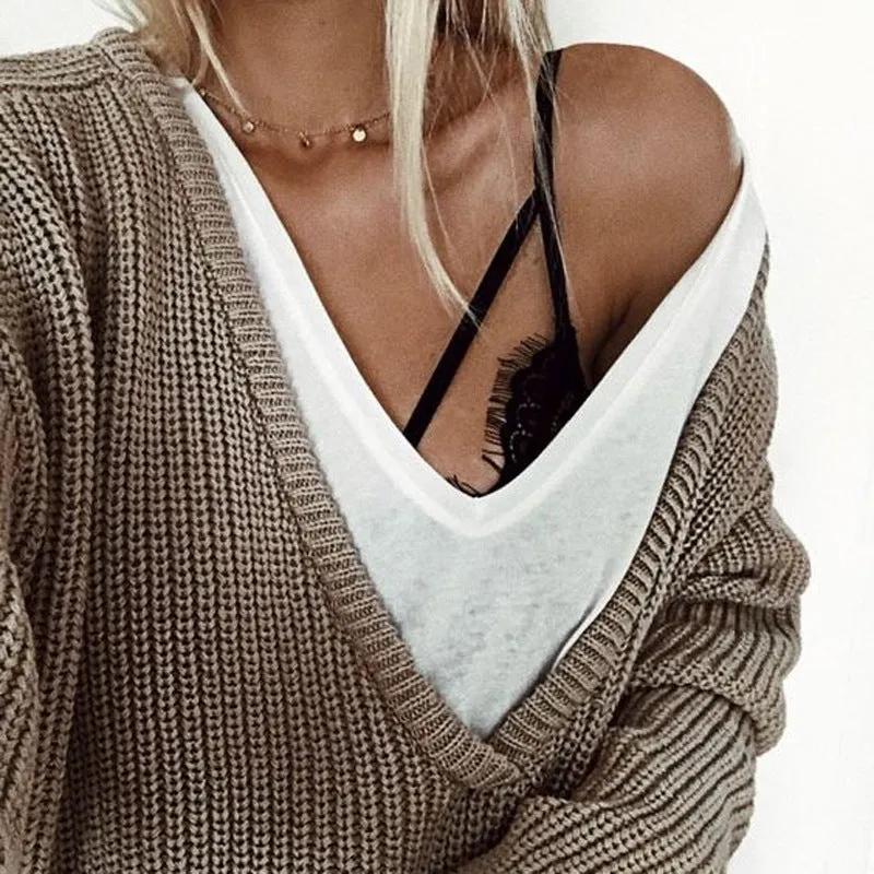 Deep V-neck Candy Color Women Loose Pullover Sweater