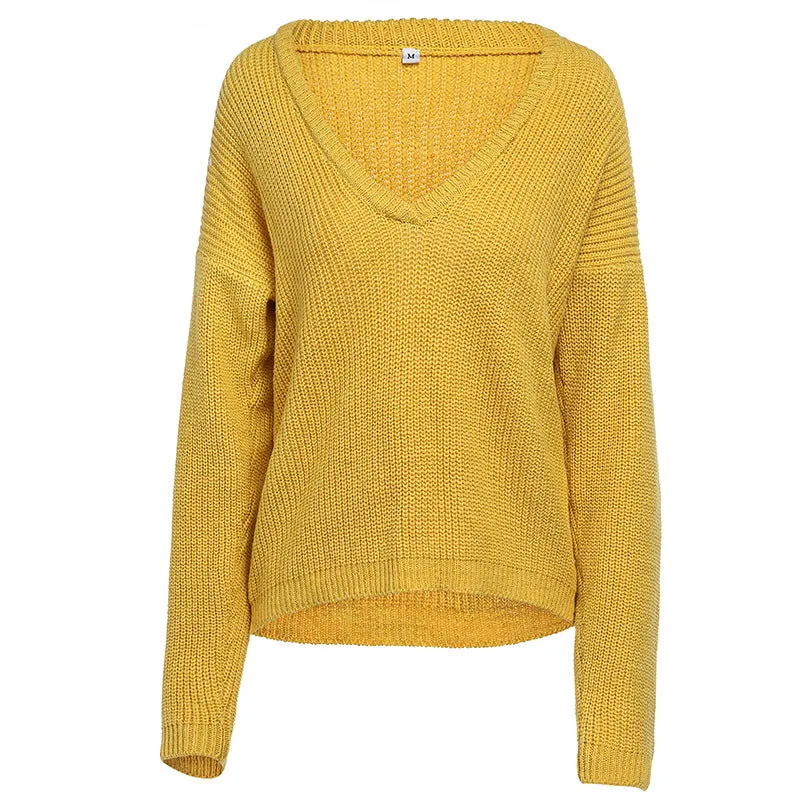 Deep V-neck Candy Color Women Loose Pullover Sweater