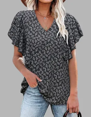 Disty Floral Printed V Neck Pleated Short Sleeve Shirt