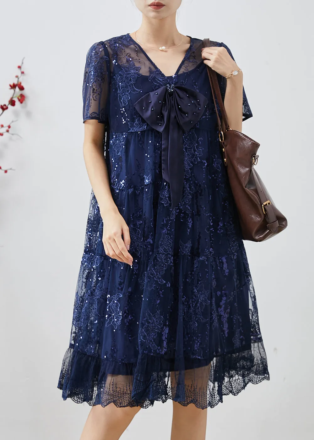 DIY Navy Sequins Embroidered Tulle Bow Dresses Summer AP1066