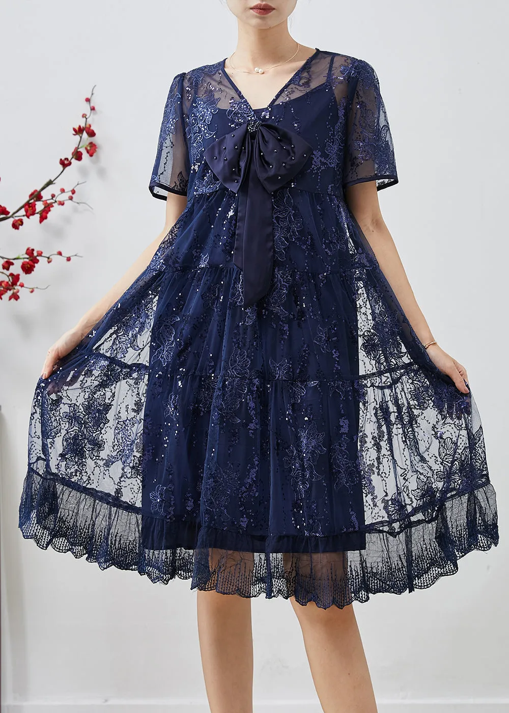 DIY Navy Sequins Embroidered Tulle Bow Dresses Summer AP1066