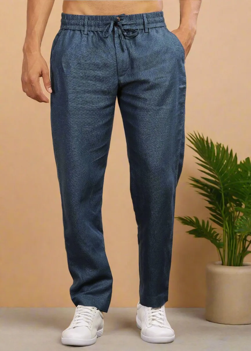 Drake - Pure Linen Trousers With Elastic Waist Band, Drawcord & Zipper - Deep Sea Blue