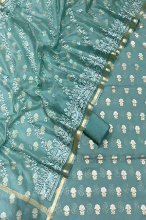 Elegant Blue Banarasi Cotton Silk Suit with Embroidered Dupatta