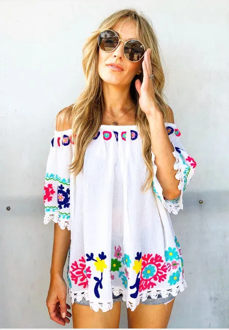 Eloise Embroidered Tunic Off Shoulder Natural/ Multicolor