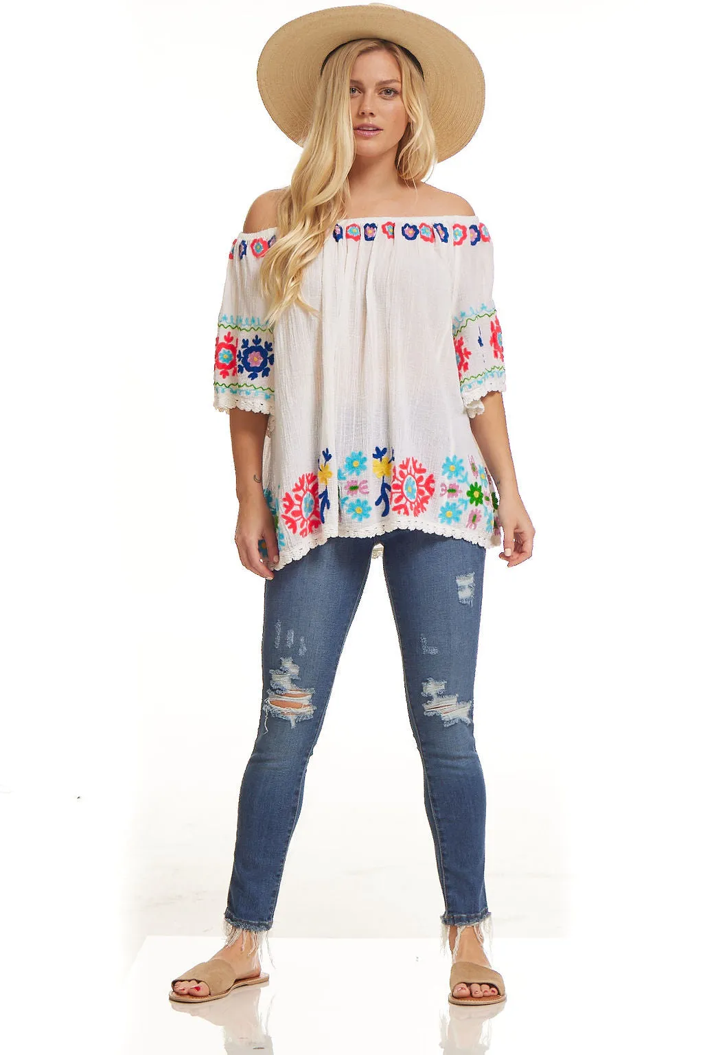 Eloise Embroidered Tunic Off Shoulder Natural/ Multicolor