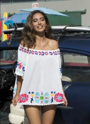 Eloise Embroidered Tunic Off Shoulder Natural/ Multicolor