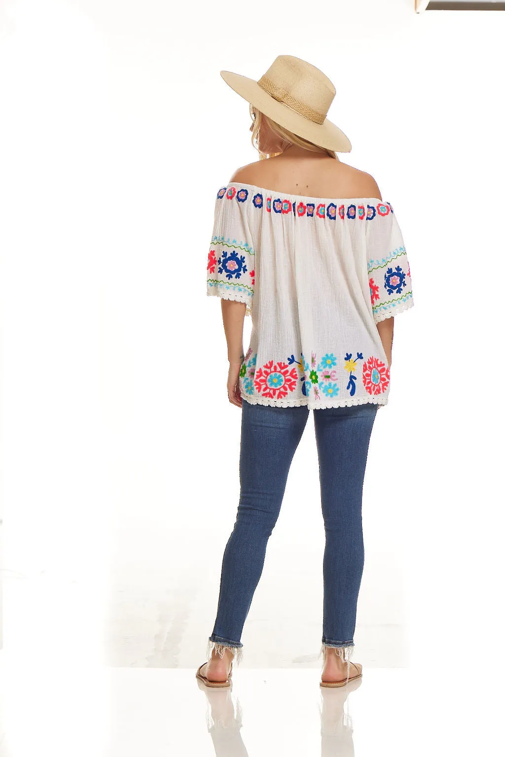 Eloise Embroidered Tunic Off Shoulder Natural/ Multicolor