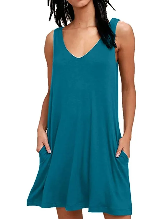 Fashion Sleeveless Pure Color Beach Wear Loose Fit Dress With Pocket For Womens