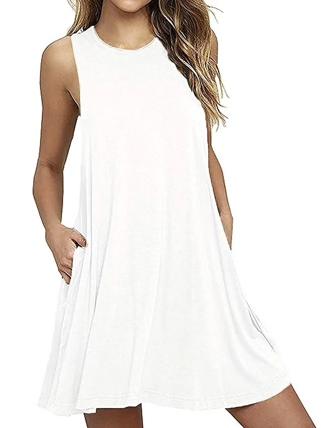 Fashion Sleeveless Pure Color Beach Wear Loose Fit Dress With Pocket For Womens