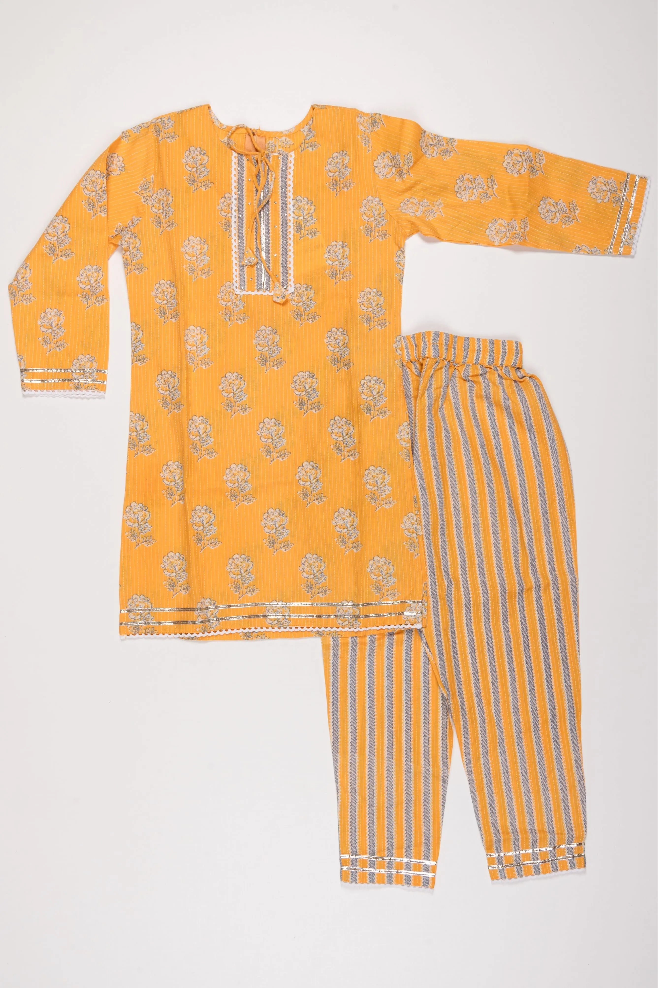 Floral Printed Mustard Yellow Kurti and Striped Pant Set with Dupatta for Girls