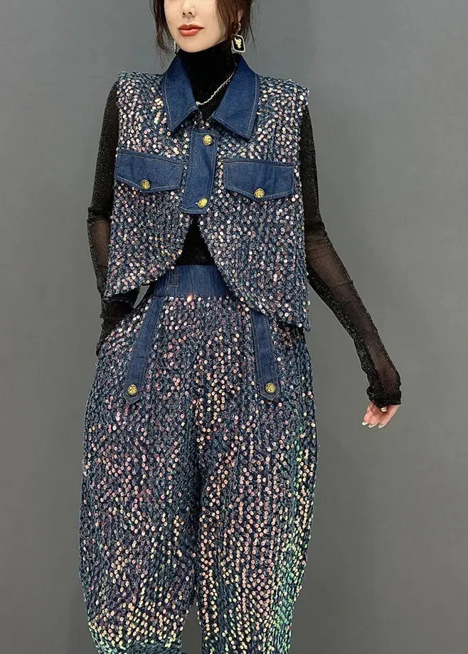 French Blue Sequins Tops And Pants Denim Two Piece Suit Set Fall ML3109