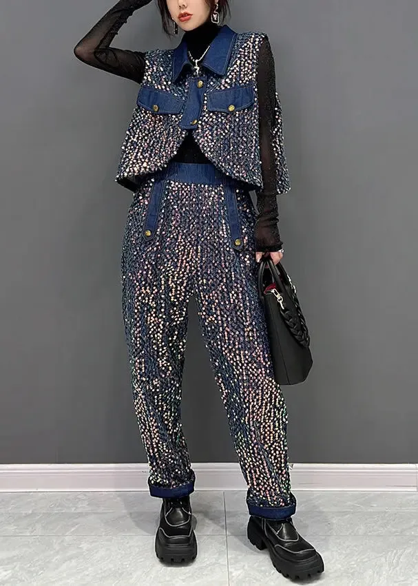 French Blue Sequins Tops And Pants Denim Two Piece Suit Set Fall ML3109