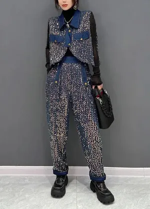 French Blue Sequins Tops And Pants Denim Two Piece Suit Set Fall ML3109