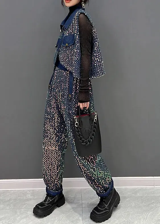 French Blue Sequins Tops And Pants Denim Two Piece Suit Set Fall ML3109