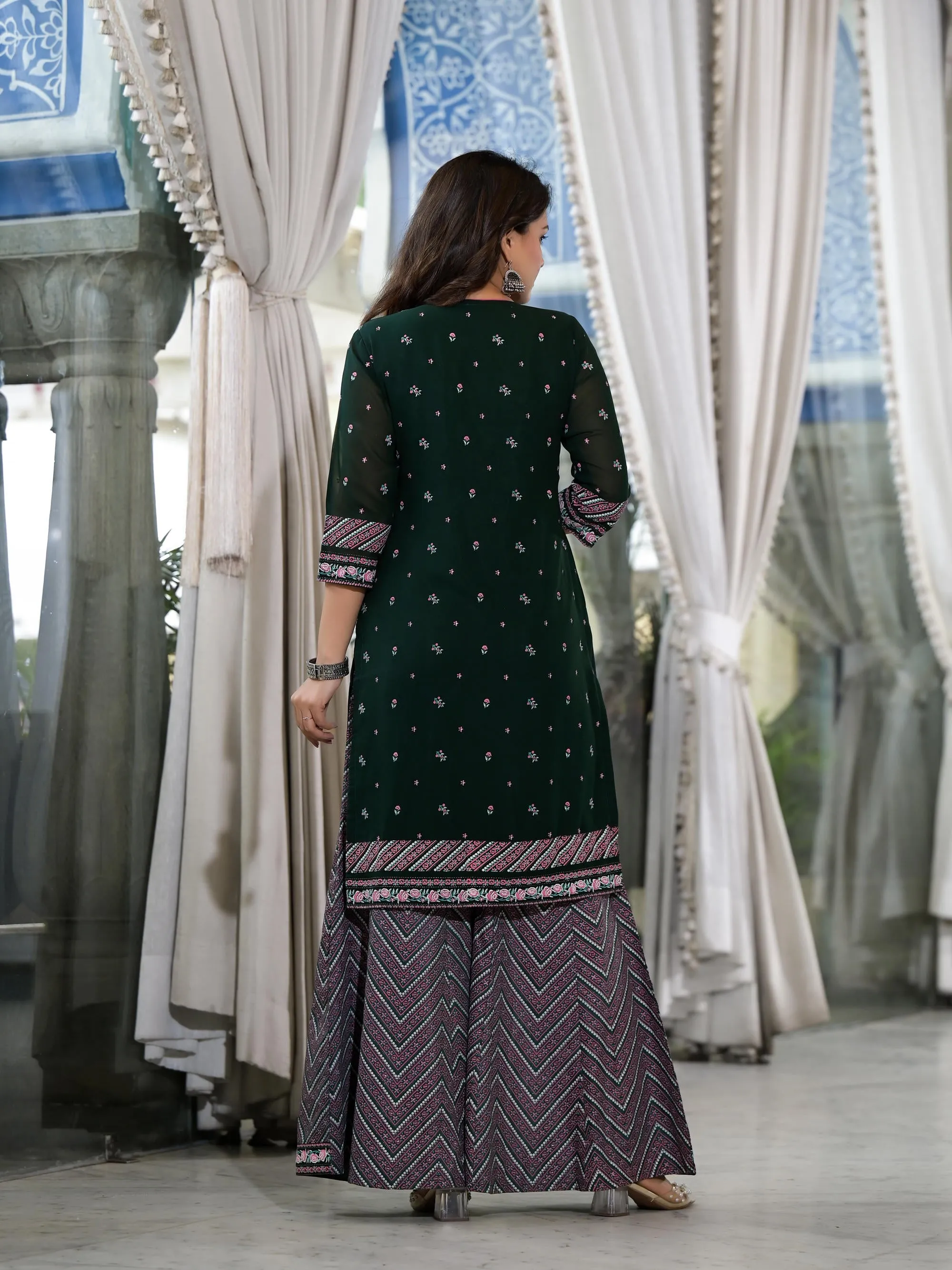 Green Floral Printed Georgette Kurta Sharara & Dupatta Set With Sequins