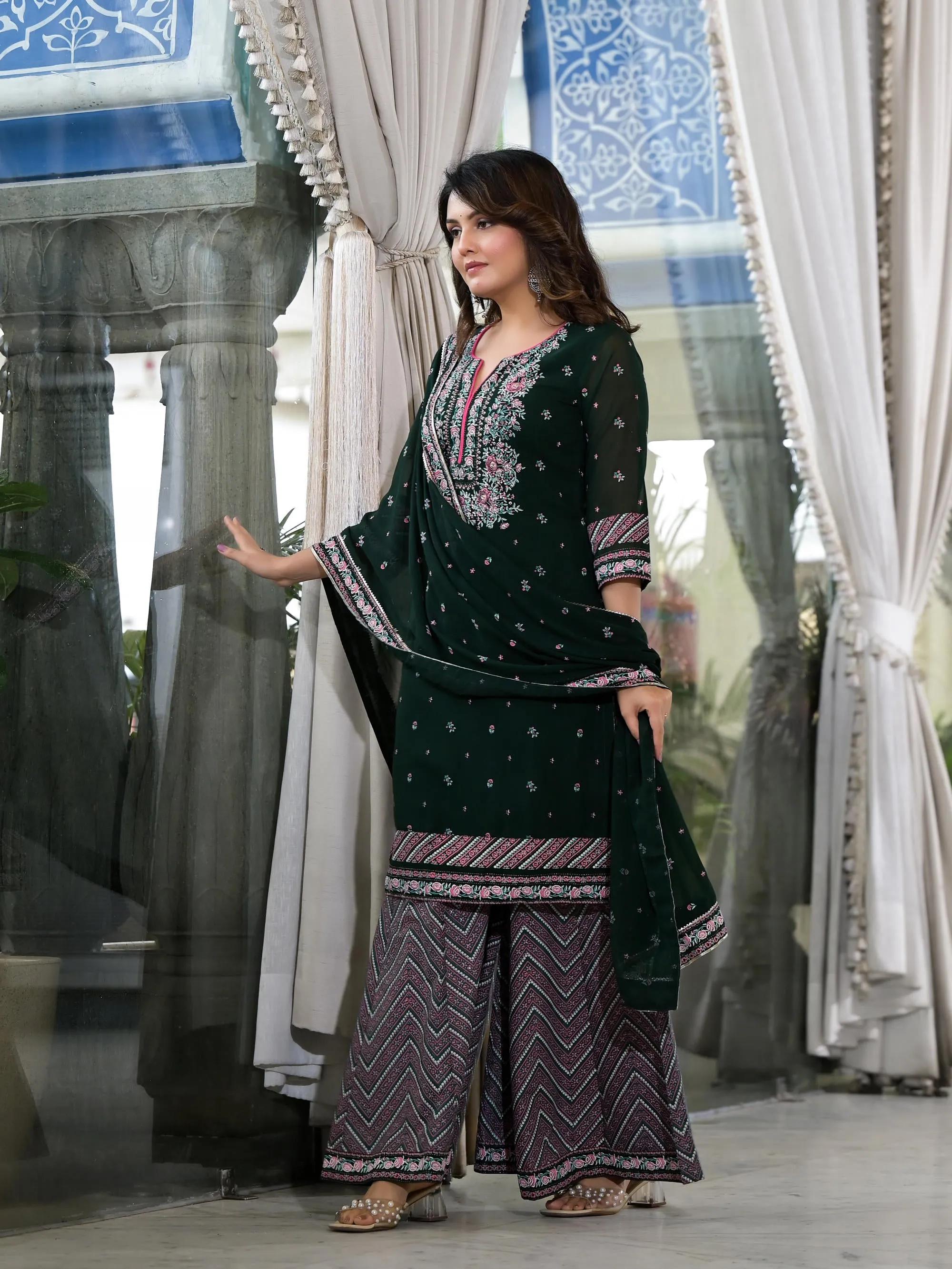 Green Floral Printed Georgette Kurta Sharara & Dupatta Set With Sequins