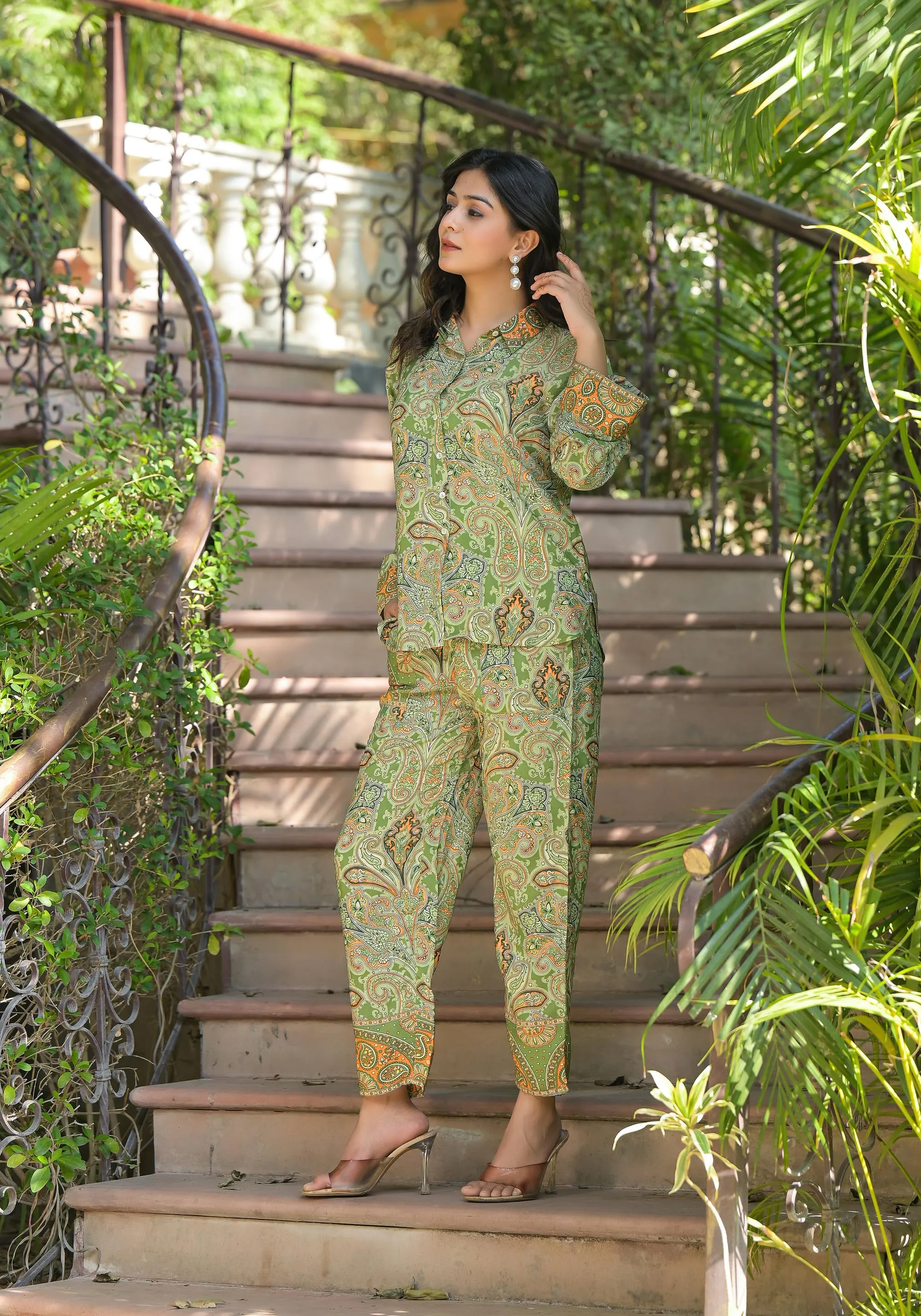 Green Floral Printed Kasturi Top & Palazzo  With Buttons