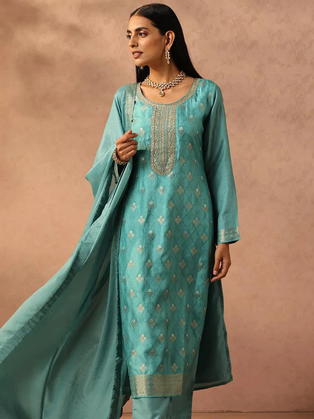 Green Self Design Silk Blend Pakistani Suit