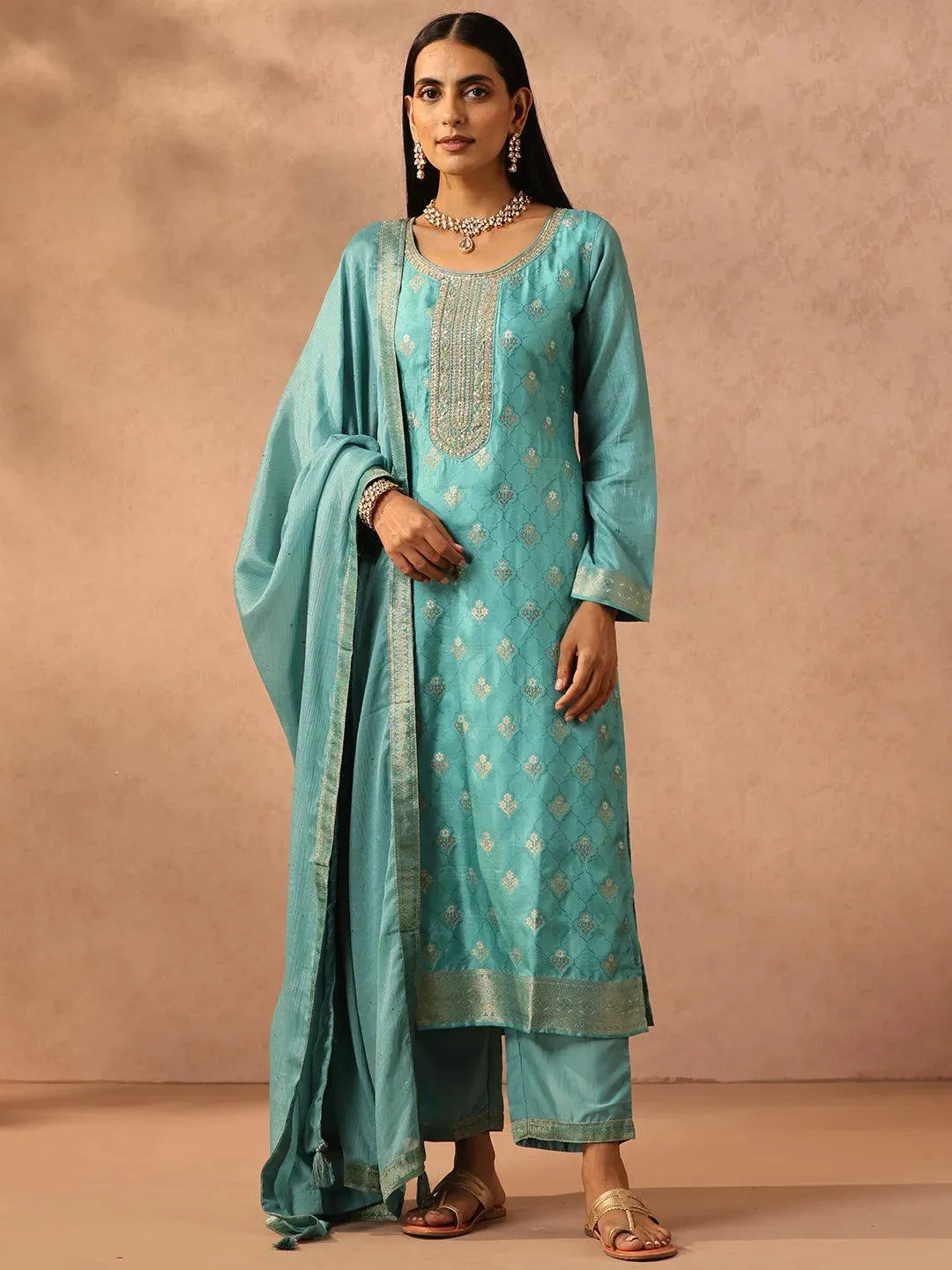 Green Self Design Silk Blend Pakistani Suit