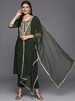 Green Yoke Design Silk Straight Kurta With Dupatta