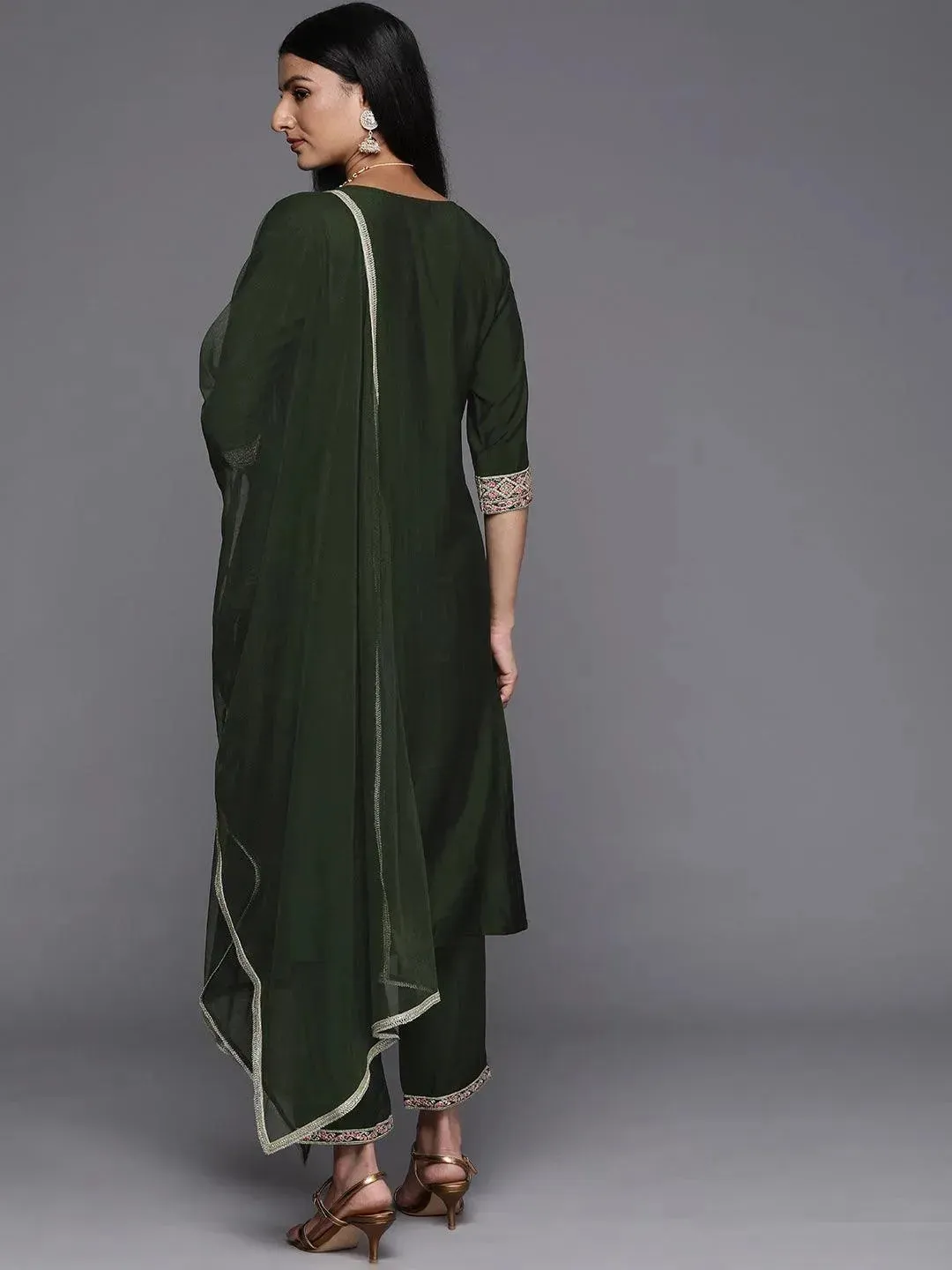 Green Yoke Design Silk Straight Kurta With Dupatta