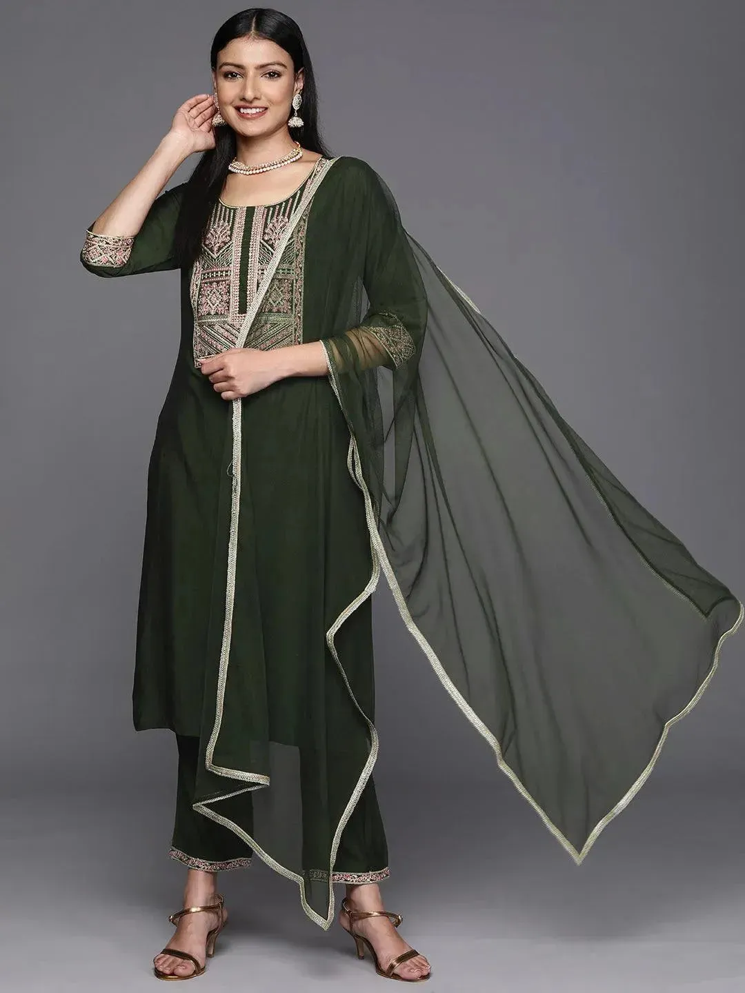 Green Yoke Design Silk Straight Kurta With Dupatta