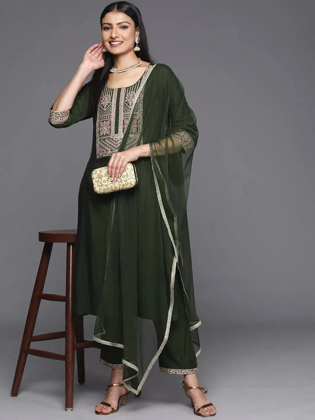 Green Yoke Design Silk Straight Kurta With Dupatta