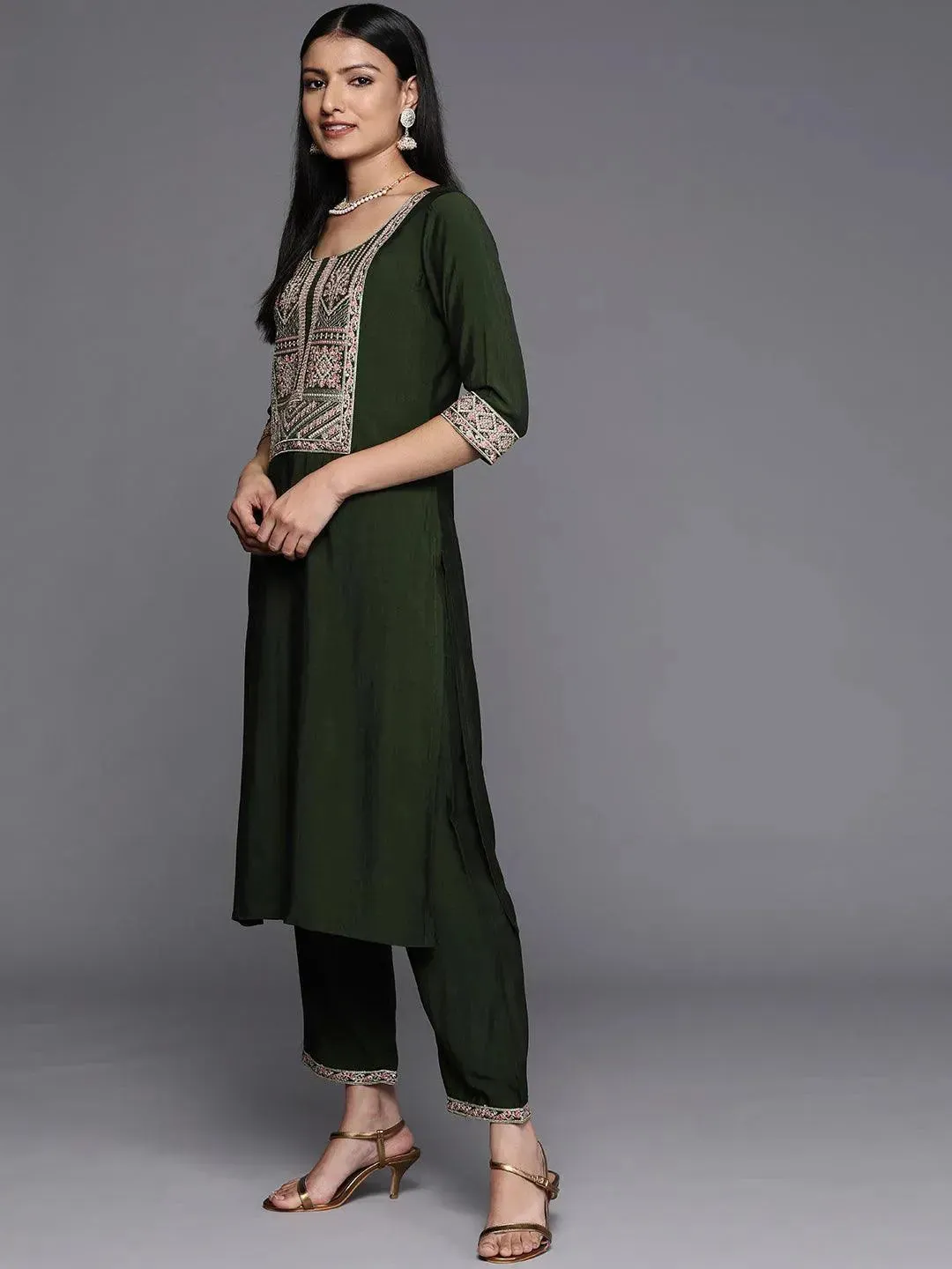 Green Yoke Design Silk Straight Kurta With Dupatta