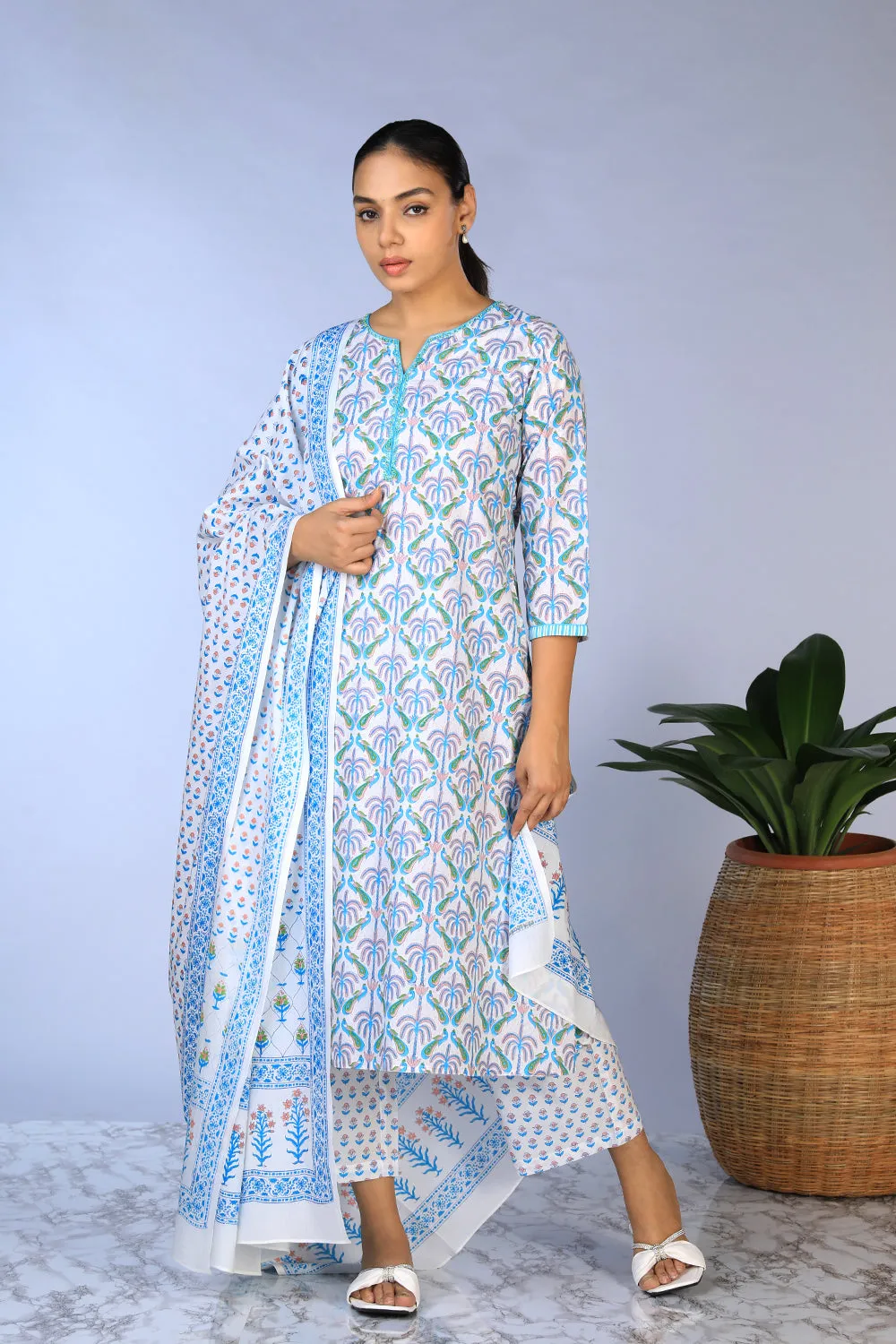 Handblock Printed Kurta, pants & dupatta set