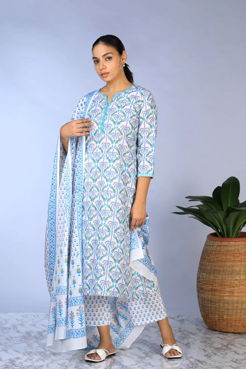 Handblock Printed Kurta, pants & dupatta set