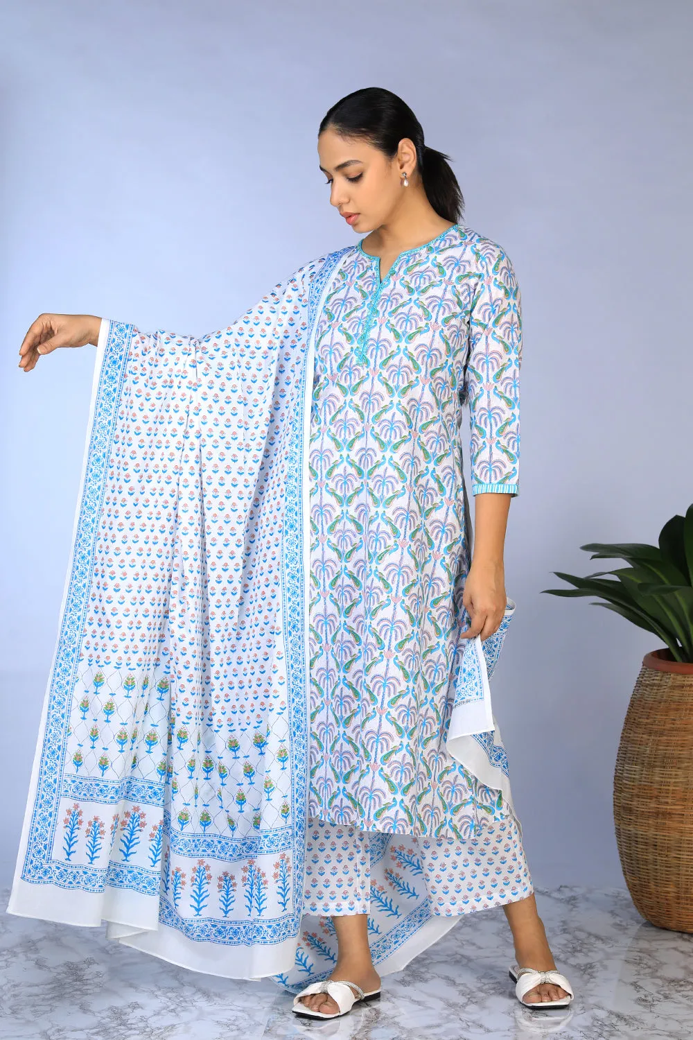 Handblock Printed Kurta, pants & dupatta set