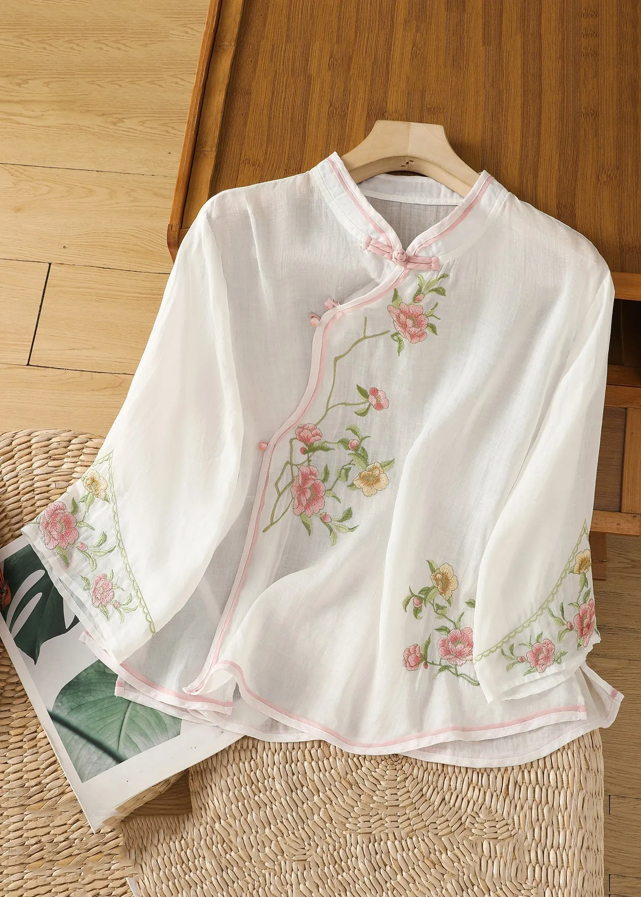 Handmade Apricot Embroidered Button Cotton Shirt Long Sleeve JH048