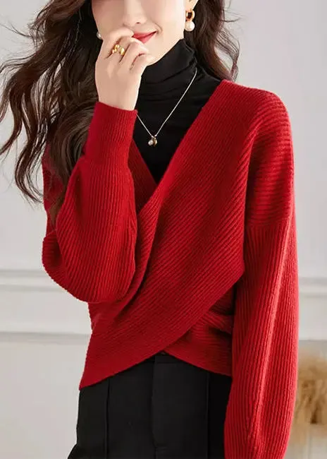 Handmade Red V Neck Cross Connection Knit Tops Spring HA1063