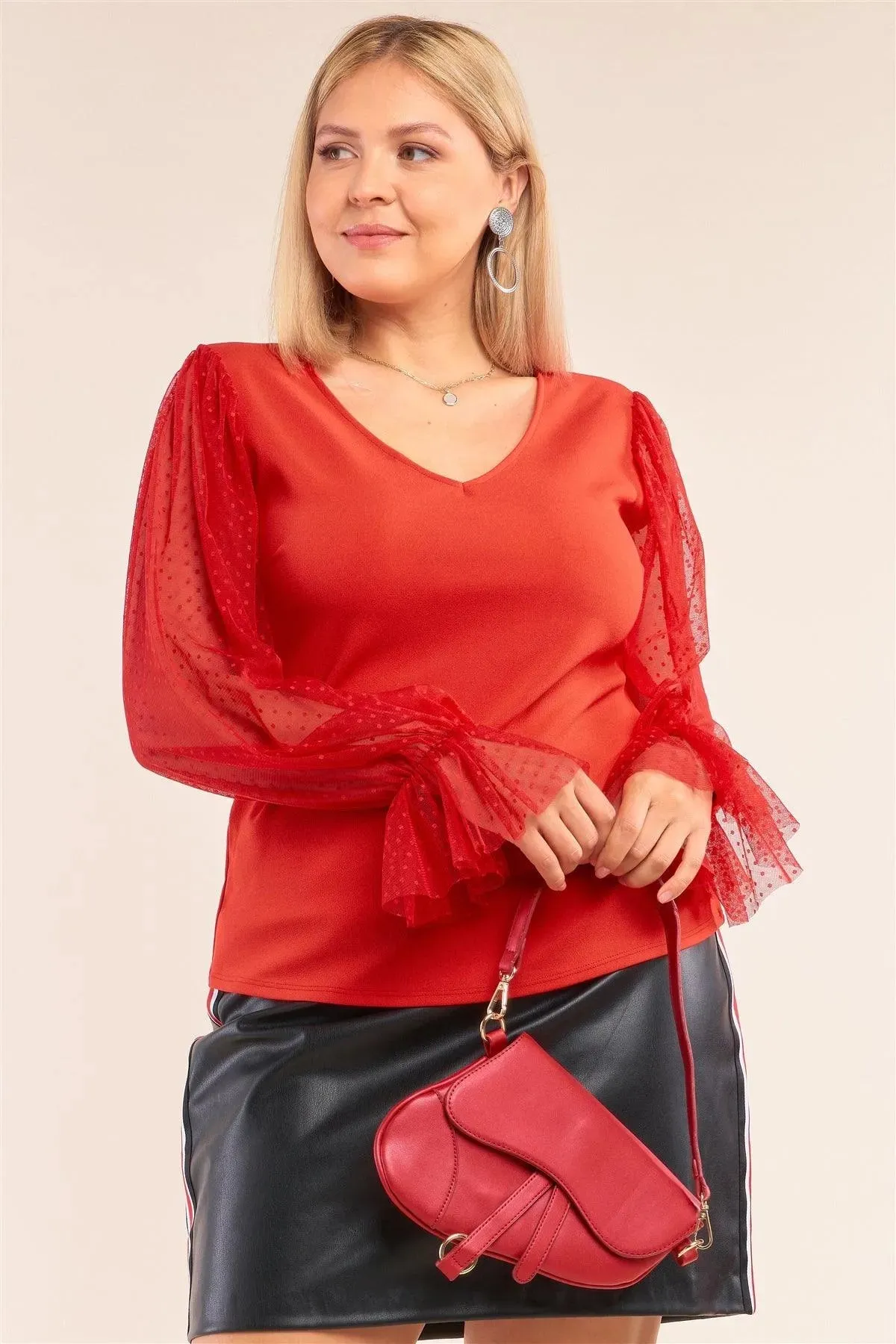 Junior Plus Size Red Relaxed Fit Deep Plunge V-Neck Long Polka Dot Mesh Balloon Sleeve Top /2-2-2