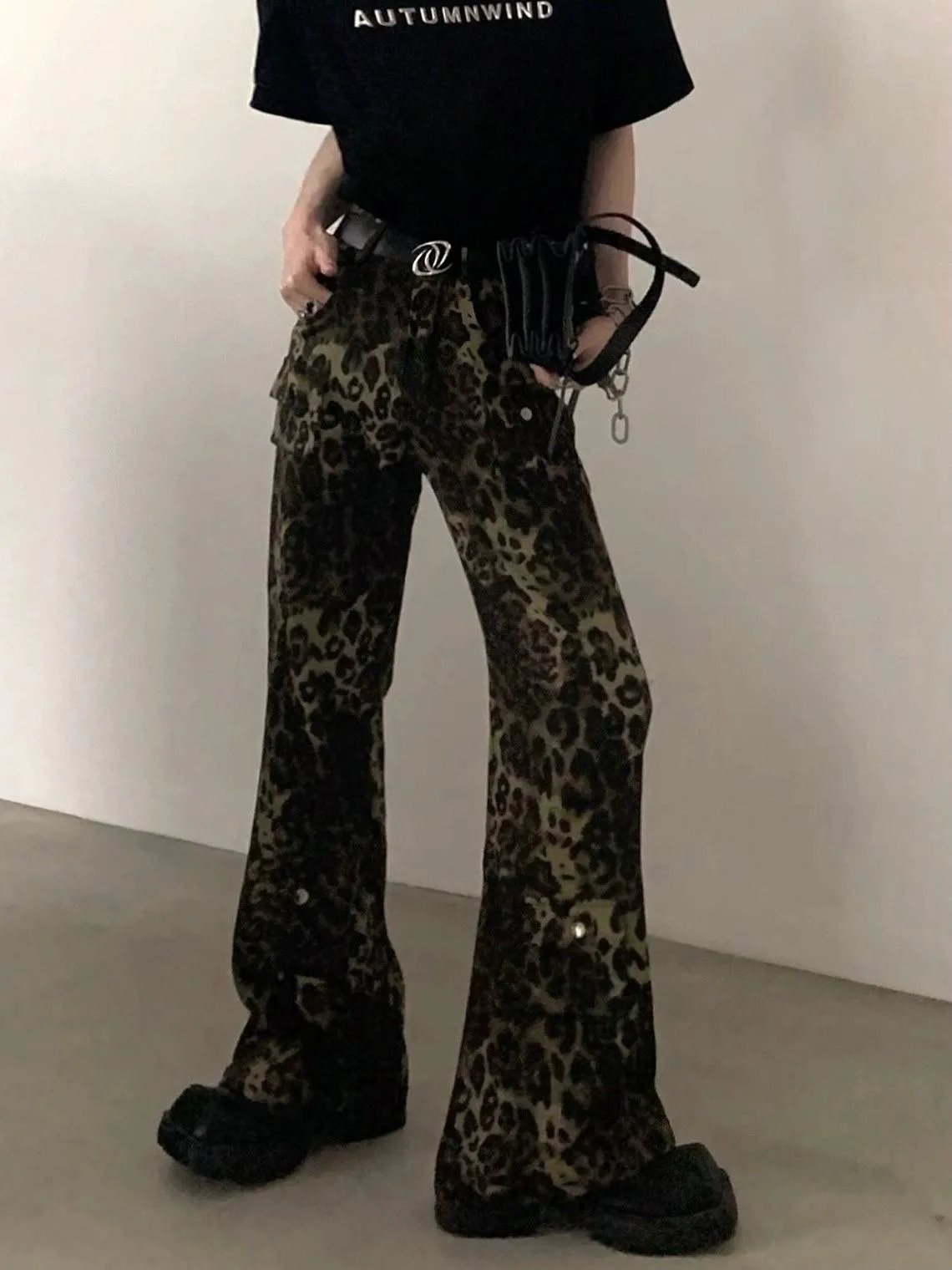 Leopard Print Wide-Leg Cargo Pants