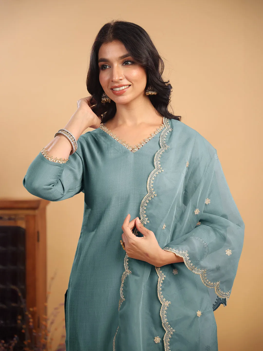 Light Blue Silk Blend Embellished Straight Kurta Set