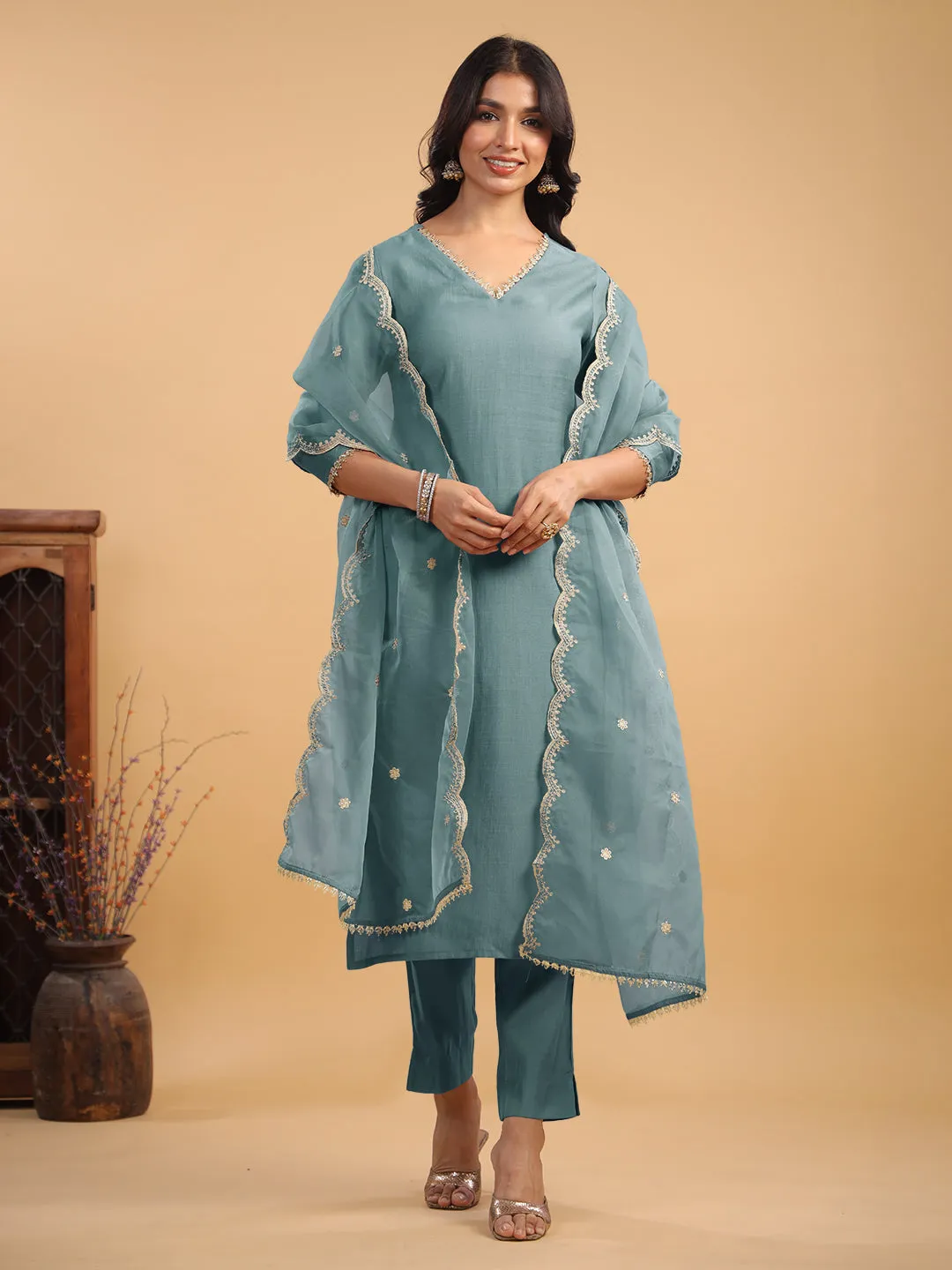 Light Blue Silk Blend Embellished Straight Kurta Set