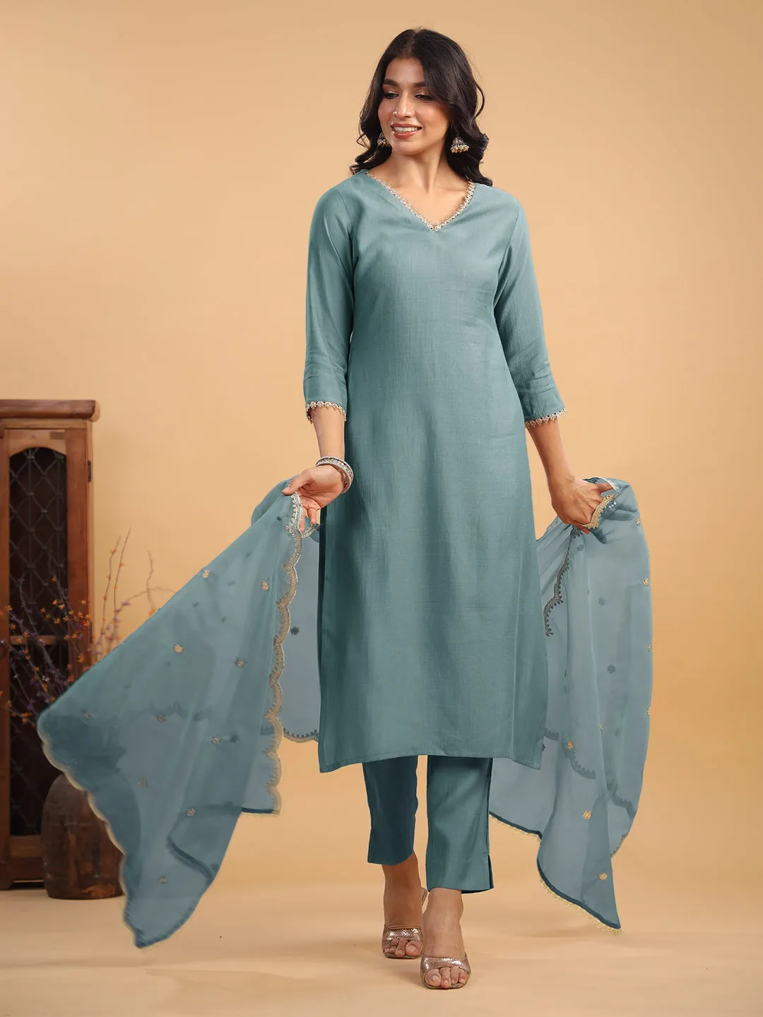 Light Blue Silk Blend Embellished Straight Kurta Set