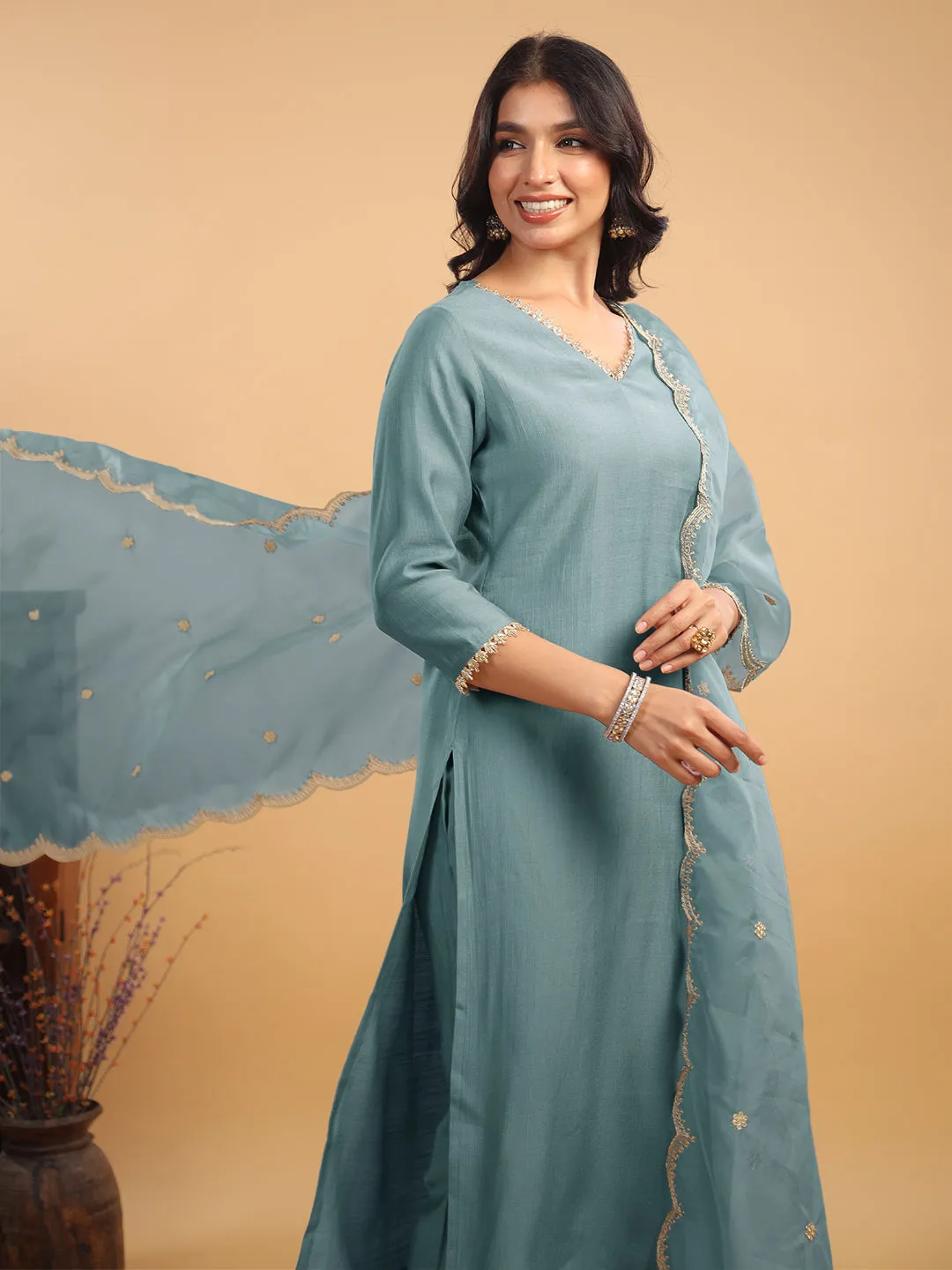 Light Blue Silk Blend Embellished Straight Kurta Set