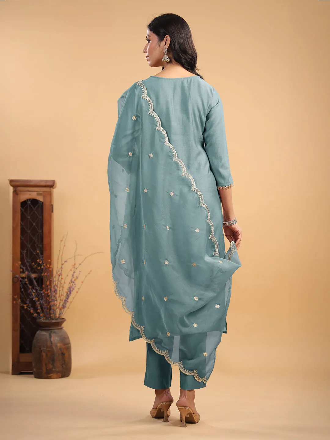 Light Blue Silk Blend Embellished Straight Kurta Set