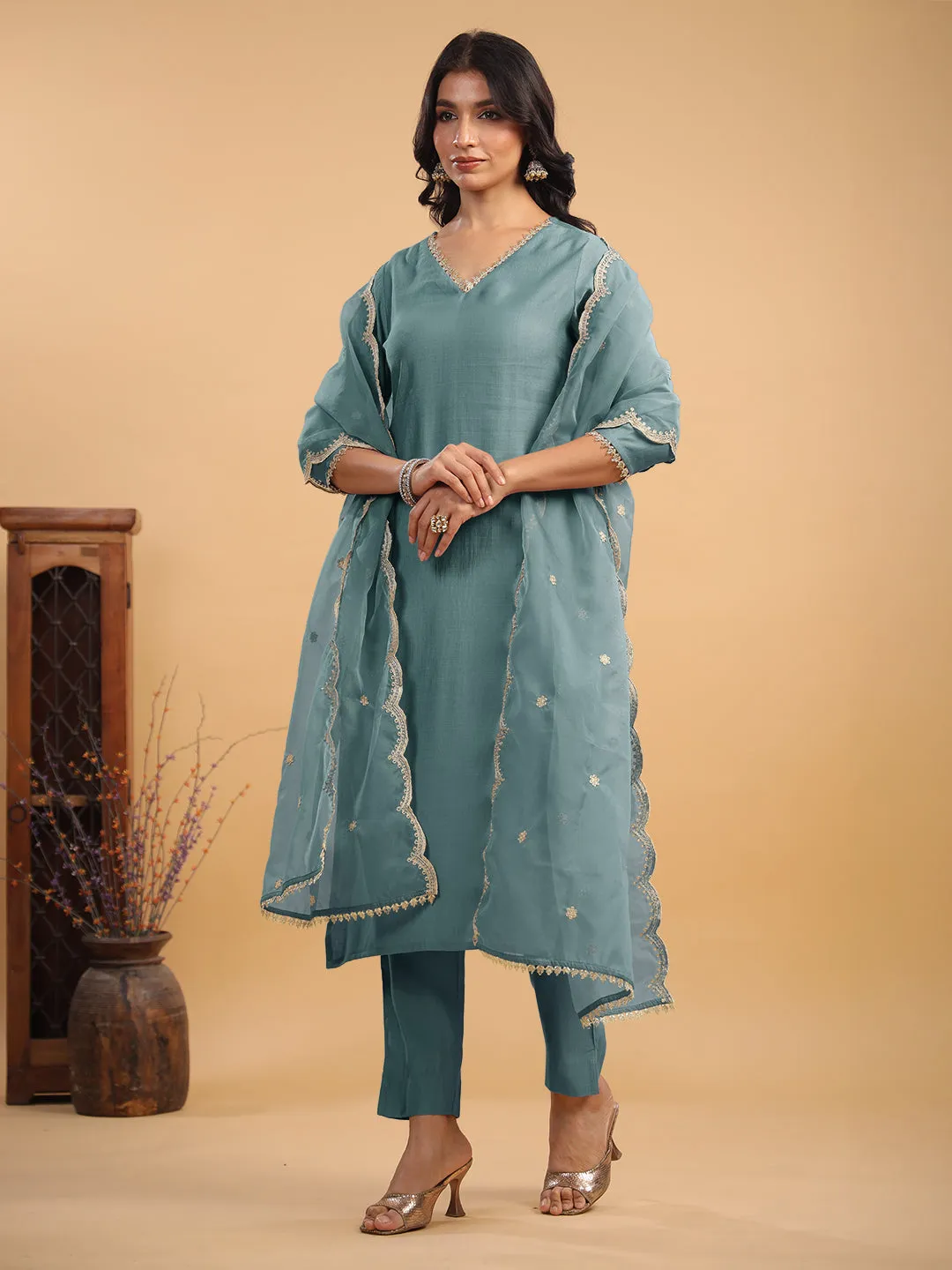 Light Blue Silk Blend Embellished Straight Kurta Set