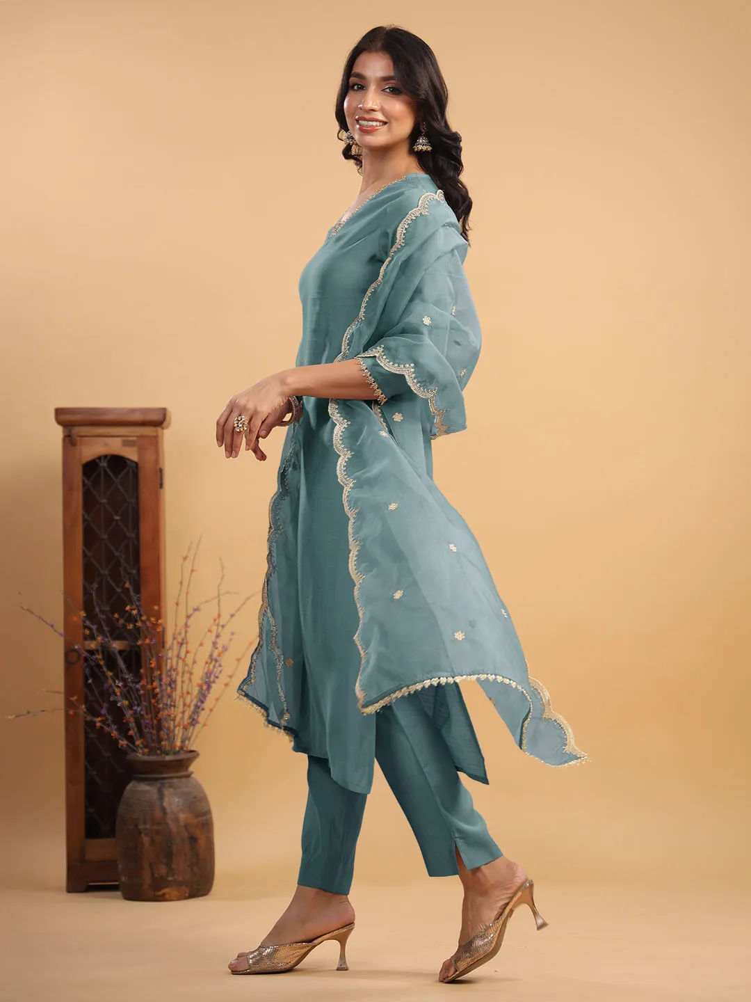 Light Blue Silk Blend Embellished Straight Kurta Set