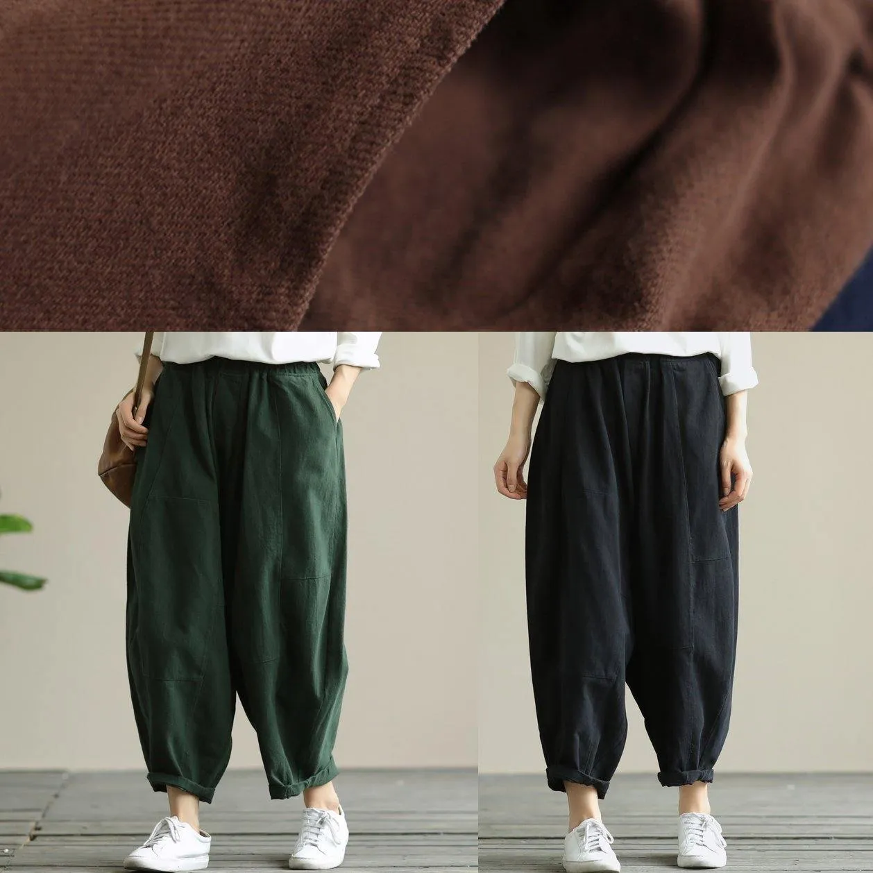 Literary loose green color wild large size elastic waist nine-point harem pants