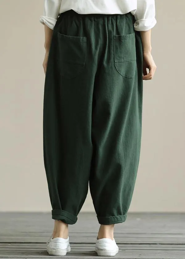 Literary loose green color wild large size elastic waist nine-point harem pants