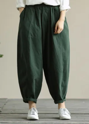 Literary loose green color wild large size elastic waist nine-point harem pants