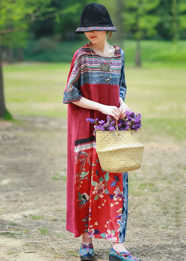 Loose Red Print Pockets Patchwork Cotton Maxi Dresses Half Sleeve KK096