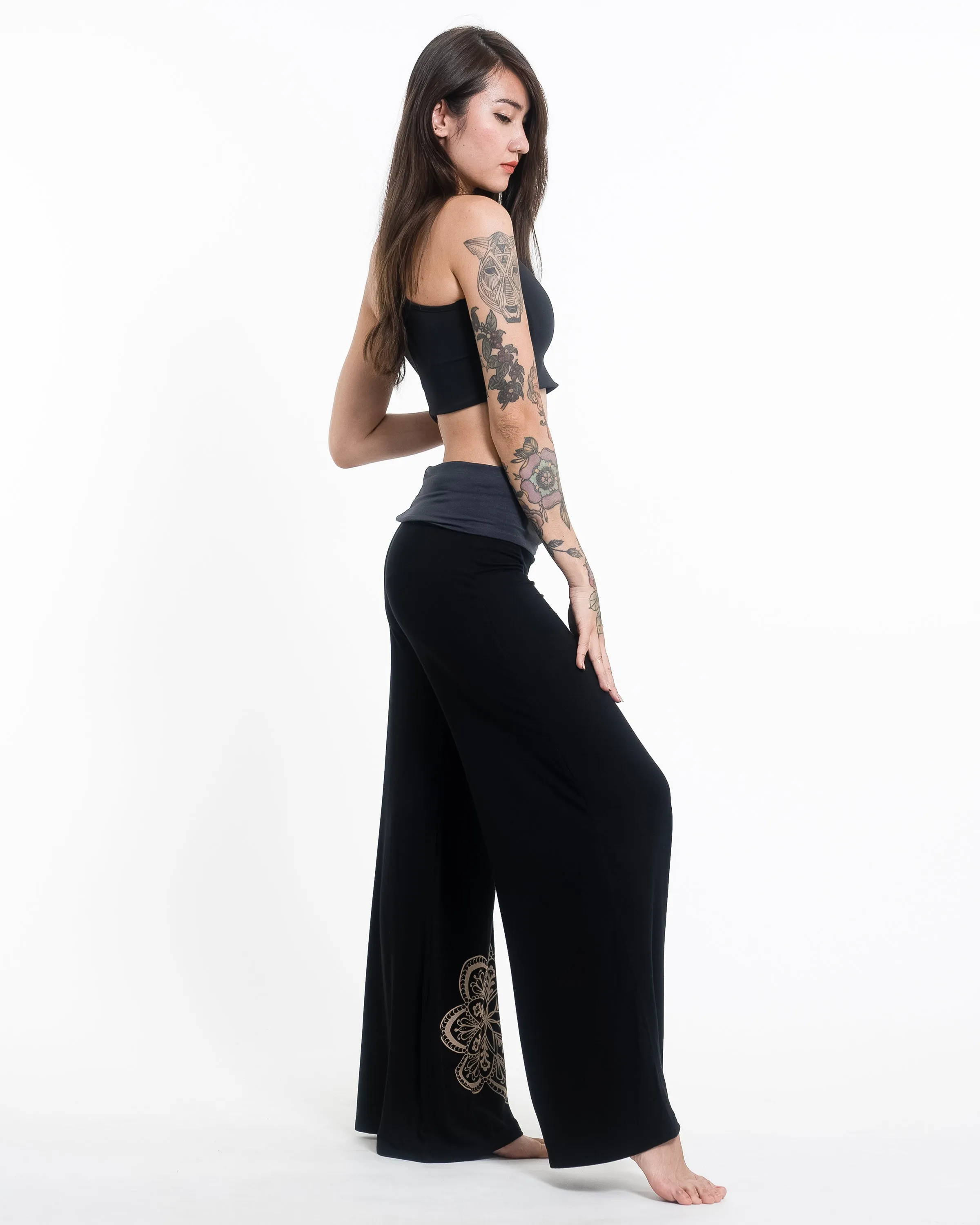 Mandala Spandex Wide Leg Palazzo Pants in Black