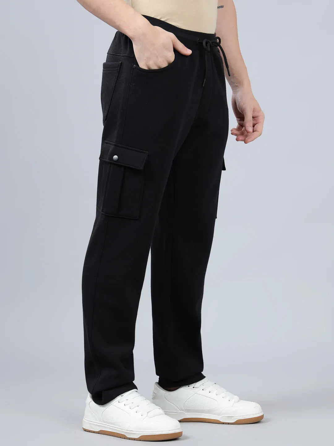 Men's Black Solid Full Length Winter Cargo Pant